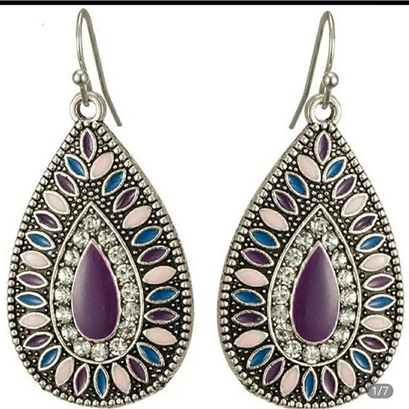 Purple Teardrop Rhinestone Earrings - Picture 1 of 6